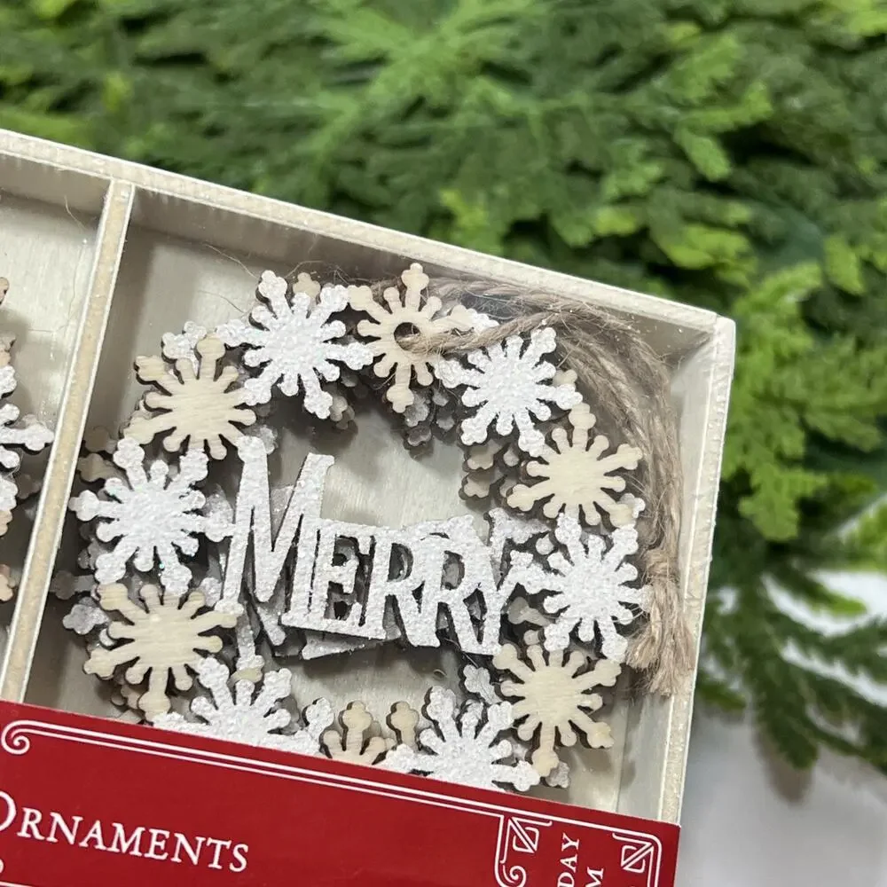 World Market Wood Christmas Scene Ornaments Set of 12 White Glitter Peace Merry